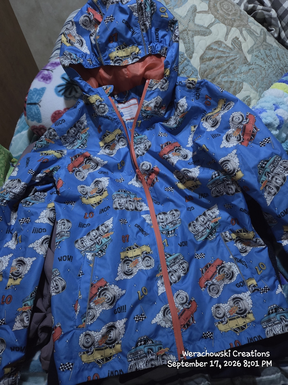 Kids Waterproof Blue Monster Truck Raincoat with Hood